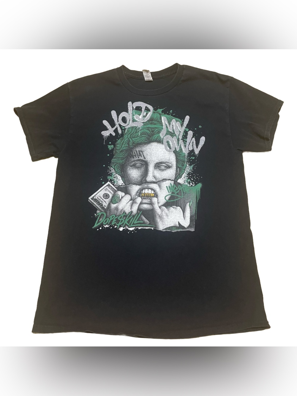 Hold Ny Own Black Tee with Green and Silver Graphic